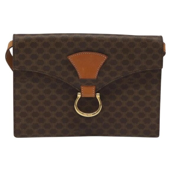 CELINE Macadam Canvas Shoulder Bag PVC Leather Brown Gold Auth BD908 - Picture 2 of 16